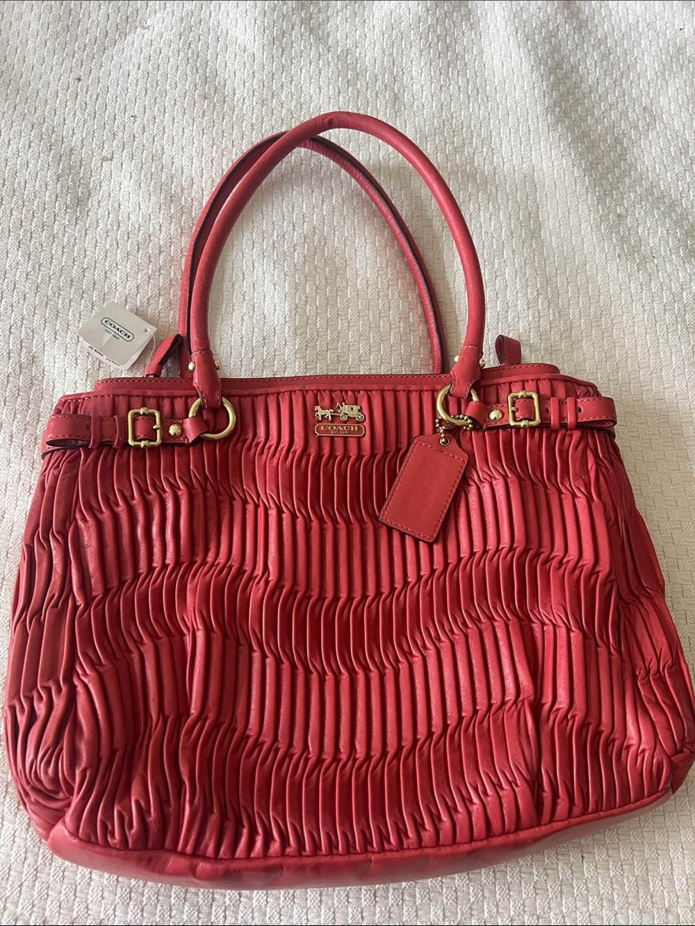 Coach Red Ruched Leather Tote with Gold-Tone Accents